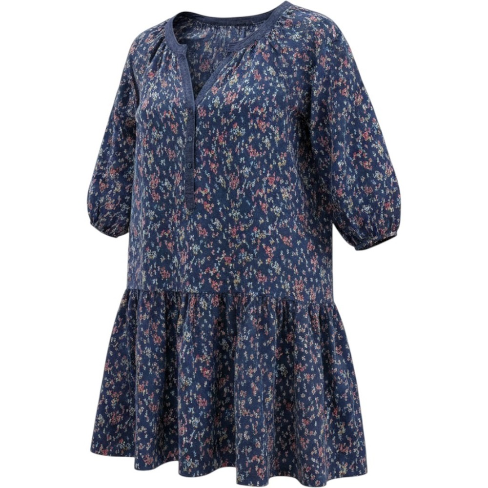 Navy Blue‎ Floral Ditsy Print Tiered Tunic Dress 3/4 Puff Sleeve V-Neck Mini